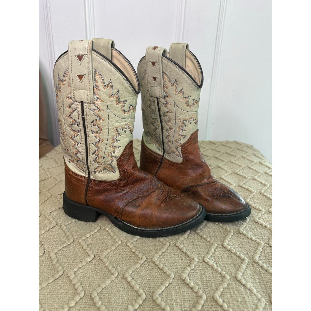 Old West CW2552 Western Cowboy Two Tone Brown Leather Boots Kid’s Size 10